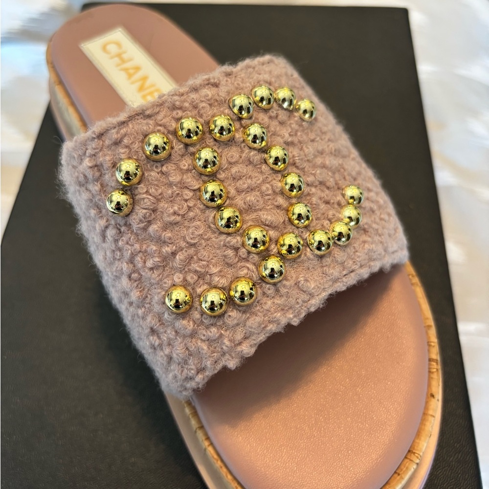 Chanel Beige Slide Sandals with Gold Accents